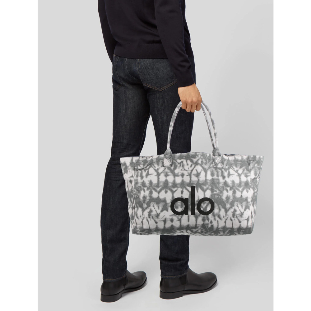 Alo Yoga Large Tie Dye Canvas Tote Bag Gray White Logo Gym Beach Carryall - Picture 12 of 16